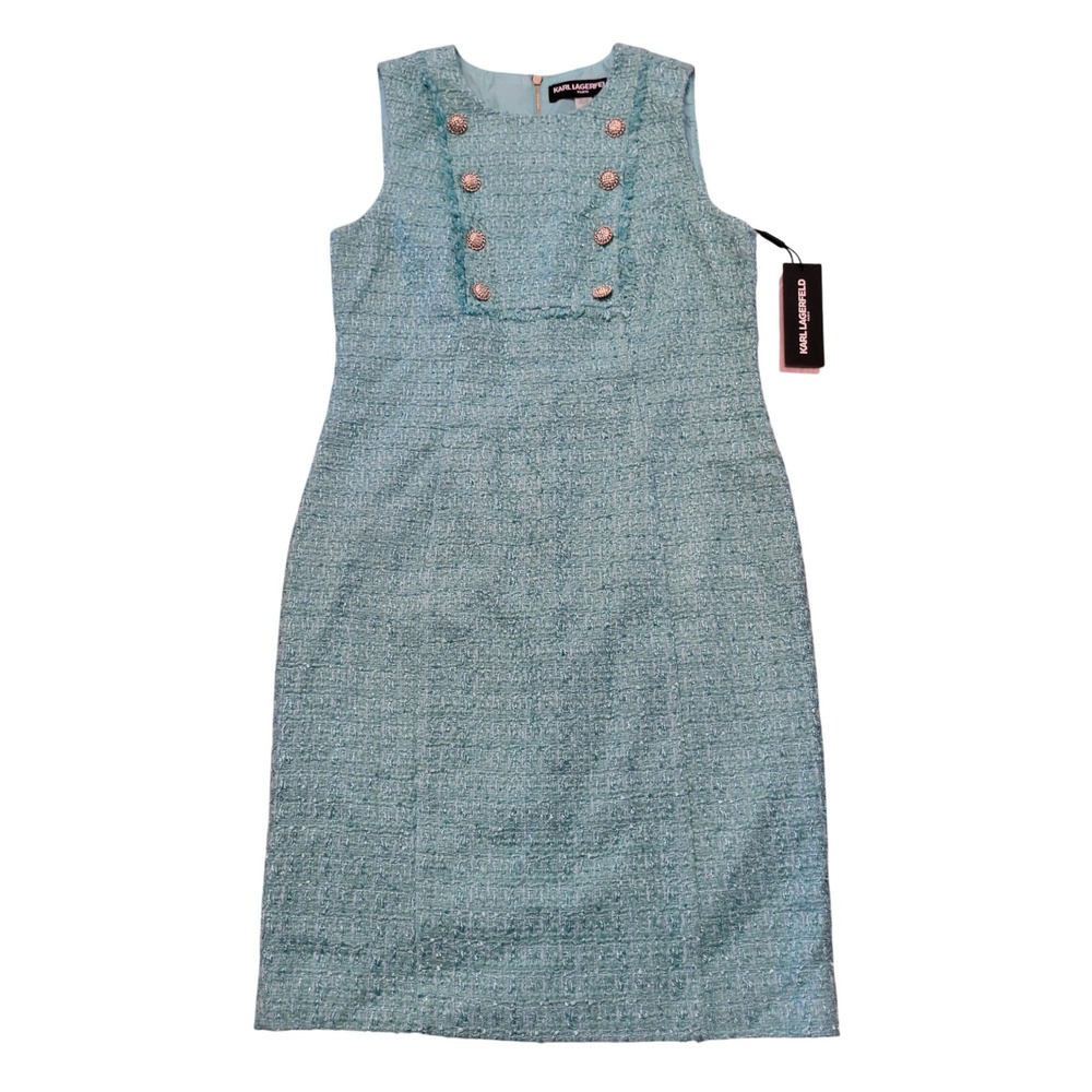 Karl Lagerfeld 6 Sheath Dress‎ Green Blue Tweed Double Breasted Coastal Party